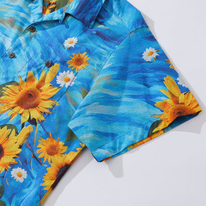 100% Cotton Hawaiian Shirt For Men Sunflowers Growing Wild Camp Collar Shirt By Sun