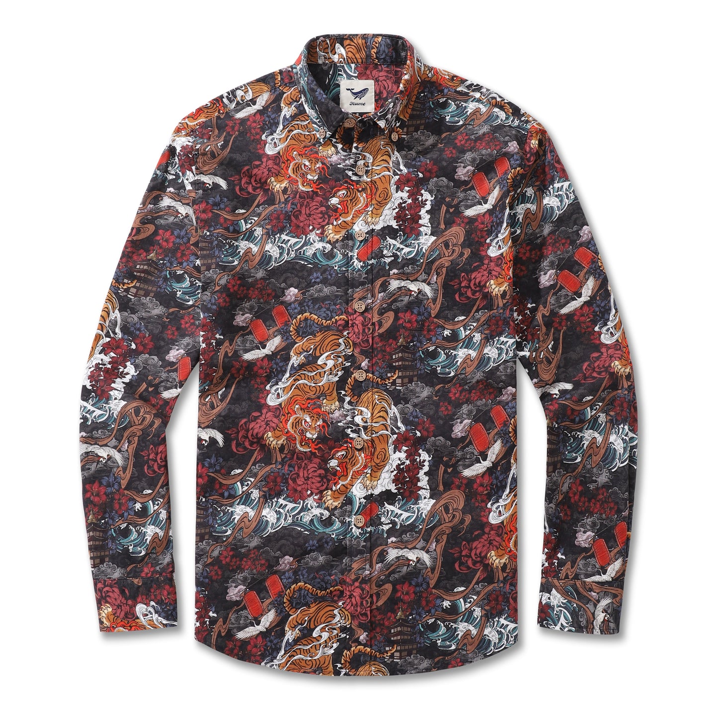 Long Sleeve Hawaiian Shirt For Men Tiger in the Mist Cotton Button-down Aloha Shirt By Yakima