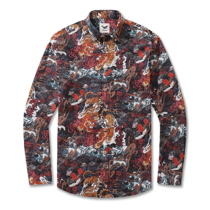 Long Sleeve Hawaiian Shirt For Men Tiger in the Mist Cotton Button-down Aloha Shirt By Yakima