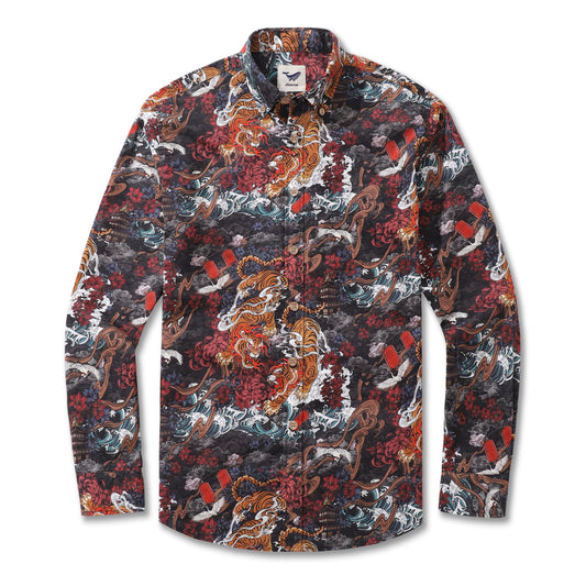 Long Sleeve Hawaiian Shirt For Men Tiger in the Mist Cotton Button-down Aloha Shirt By Yakima
