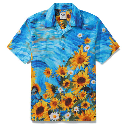 100% Cotton Hawaiian Shirt For Men Sunflowers Growing Wild Camp Collar Shirt By Sun